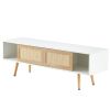 55.12" Rattan TV cabinet, double sliding doors for storage, adjustable shelf, solid wood legs, TV console for living room , White