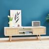 55.12" Rattan TV cabinet, double sliding doors for storage, adjustable shelf, solid wood legs, TV console for living room , White