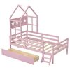 Wood Twin Size House Platform Bed with Guardrail and Drawer, Pink