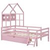 Wood Twin Size House Platform Bed with Guardrail and Drawer, Pink