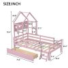 Wood Twin Size House Platform Bed with Guardrail and Drawer, Pink