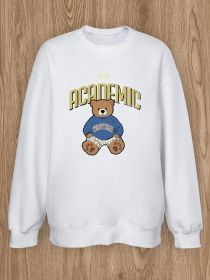 Women Basic Casual Pullover Spring Autumn Long Sleeve Teddy Bear Printed Round Neck (Color: White, size: L)